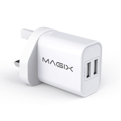 MAGIX Cargador de Pared USB Dual, (5V-2.4A + 5V-1.0A) Salida máxima 5V-3.4A 17W Carga rápida (Enchufe UK)(Blanco)