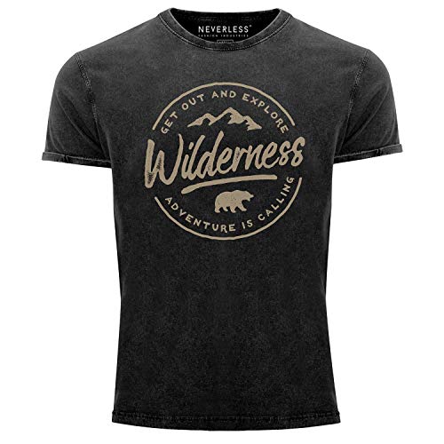 Neverless® Camiseta de manga corta para hombre, estilo vintage, con logotipo de Adventure, montaña, oso salvaje, con texto en inglés «Fashion Streetstyle», Wilderness Badge Schwarz, M