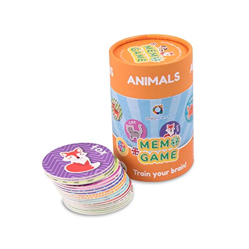 ambarscience- Memo Games Animales - Juego de Memoria Educativo para Buscar Las Parejas y Aprender Las Palabras en inglés,con 40 Piezas, para niños 3+. (Ambar Passion S.A. 6162800030020)
