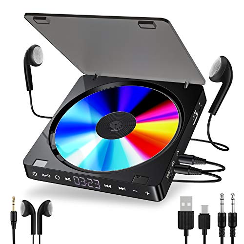 Gueray Reproductor de CD Portátil 1200 mAh Reproductor de MP3 y CD Personal Recargable con Auriculares Dobles de 3,5 mm para Niños y Adultos