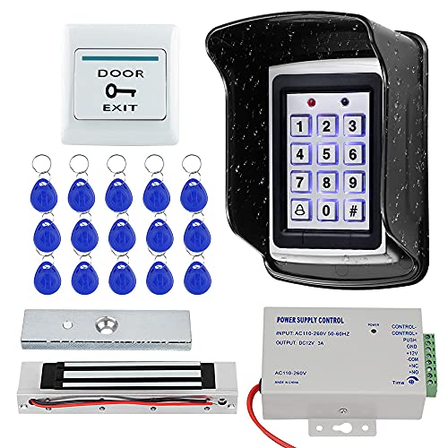 KUMU Sistema de Control de Acceso de Puerta RFID Impermeable al Aire Libre Teclado de Metal + Cerradura Magnética de 180KG+Cubierta a Prueba de Lluvia+Botón de Salida+Llaveros de 15pcs