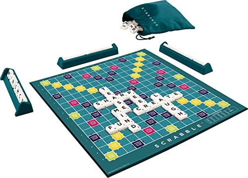 Mattel Games Scrabble, Versión Inglés, Juego de mesa clásico original, incluye tablero , 4 racks, 100 fichas , bolsa para fichas , +10 años, Y9592