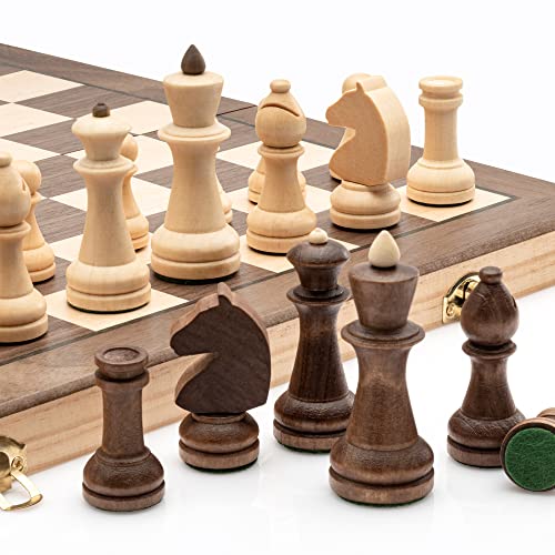 Exquisito Juego de ajedrez Plegable de Madera de 38 cm con Piezas Staunton de 7,6 cm de Altura de Rey - Tablero con Incrustaciones de Nogal y Arce