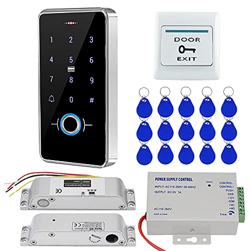 KUMU Sistema de Control de Acceso biométrico 13,56 MHz IP68 Teclado Impermeable + Fuente de alimentación + Cerradura eléctrica + 15 Piezas Juego Completo de Llavero para la Seguridad en el hogar (con